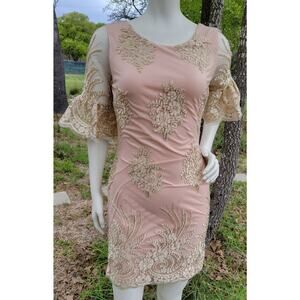 Just Me Hemline Gorgeous Little Beige/Gold/Pink Dress Embroider Sequin Sz. S NWT